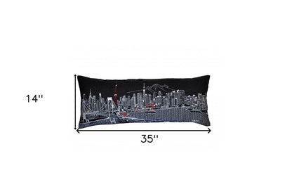 14" X 35" Dark Gray And White Tokyo Nighttime Skyline Lumbar Decorative Pillow HomeRoots