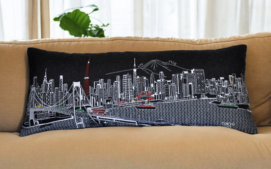 35" Black Tokyo Nighttime Skyline Lumbar Decorative Pillow FurniFindUSA