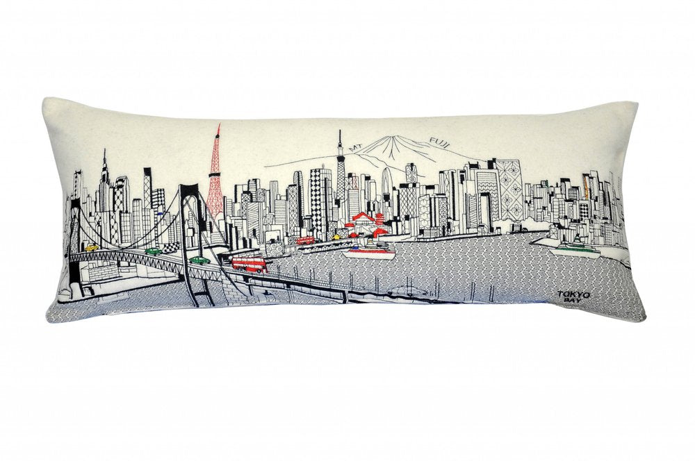 14" X 35" Dark Gray And White Tokyo Nighttime Skyline Lumbar Decorative Pillow — view 5