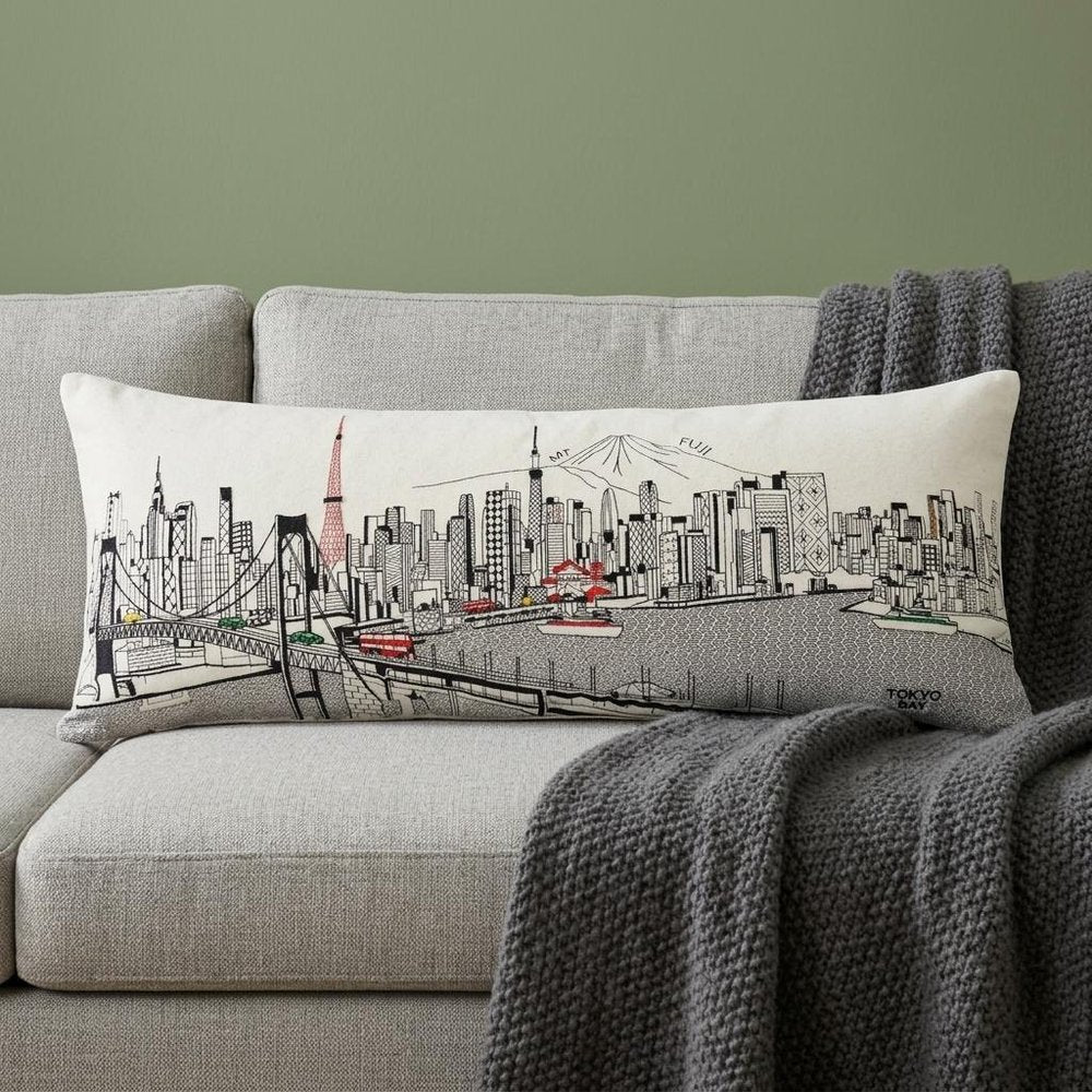14" X 35" Dark Gray And White Tokyo Nighttime Skyline Lumbar Decorative Pillow HomeRoots