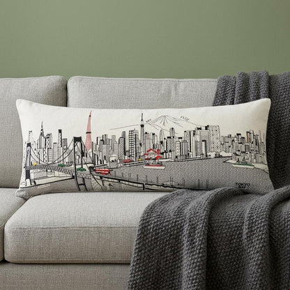 14" X 35" Dark Gray And White Tokyo Nighttime Skyline Lumbar Decorative Pillow HomeRoots