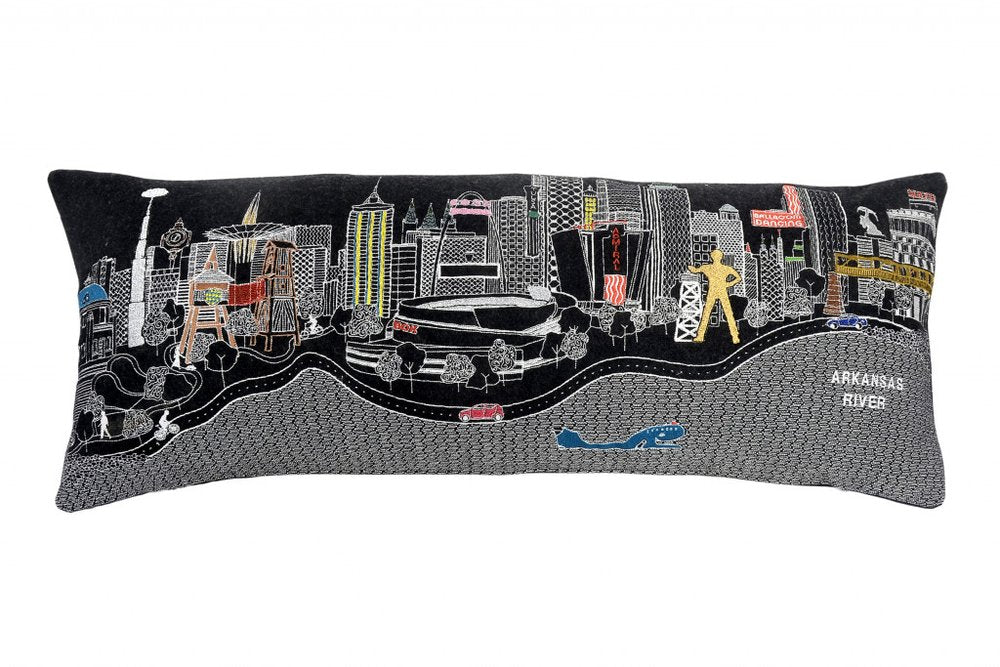 14" X 35" Dark Gray And White Tulsa Nighttime Skyline Lumbar Decorative Pillow — view 2