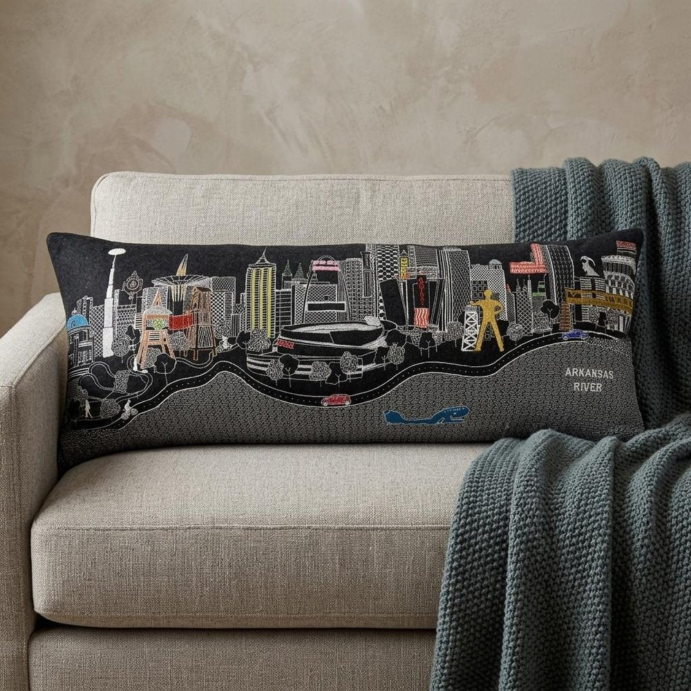 14" X 35" Dark Gray And White Tulsa Nighttime Skyline Lumbar Decorative Pillow HomeRoots