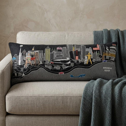 14" X 35" Dark Gray And White Tulsa Nighttime Skyline Lumbar Decorative Pillow HomeRoots