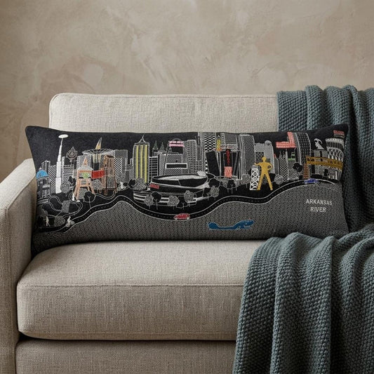 14" X 35" Dark Gray And White Tulsa Nighttime Skyline Lumbar Decorative Pillow