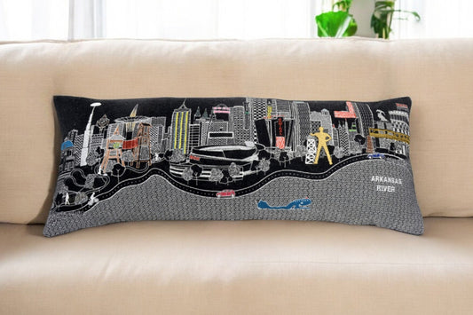 35" Black Tulsa Nighttime Skyline Lumbar Decorative Pillow FurniFindUSA