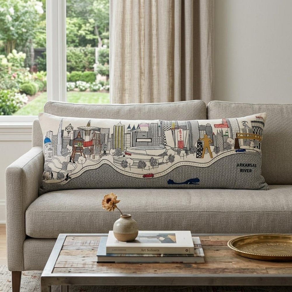 14" X 35" Dark Gray And White Tulsa Nighttime Skyline Lumbar Decorative Pillow HomeRoots