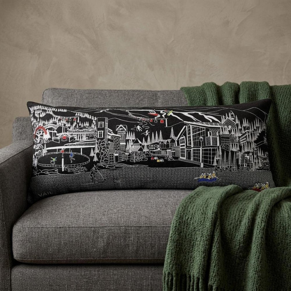 14" X 35" Dark Gray And White Vail Nighttime Skyline Lumbar Decorative Pillow — view 1