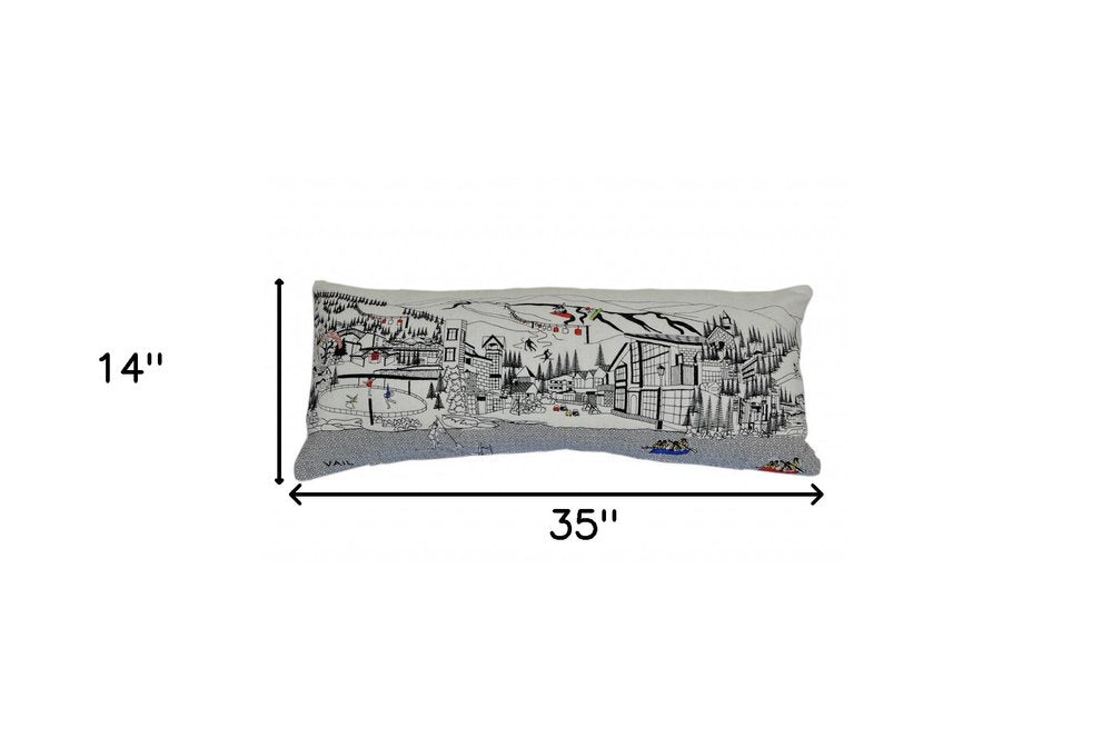 14" X 35" Dark Gray And White Vail Nighttime Skyline Lumbar Decorative Pillow HomeRoots