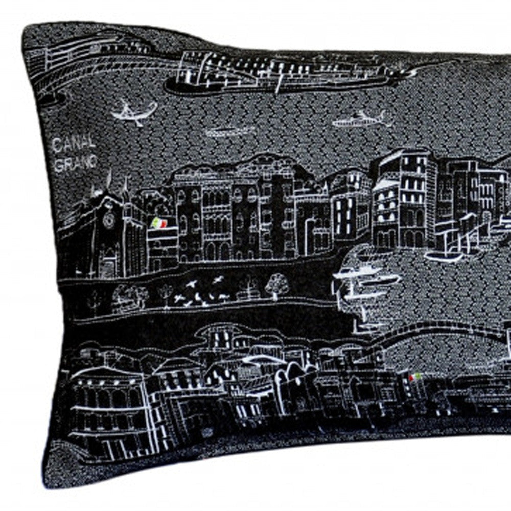 35" Black Venice Nighttime Skyline Lumbar Decorative Pillow FurniFindUSA
