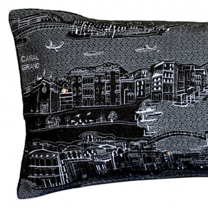35" Black Venice Nighttime Skyline Lumbar Decorative Pillow FurniFindUSA