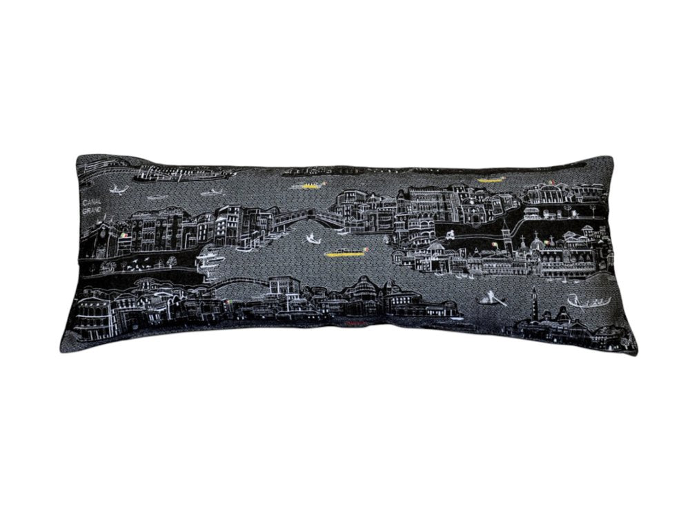 14" X 35" Dark Gray And White Venice Nighttime Skyline Lumbar Decorative Pillow — view 3