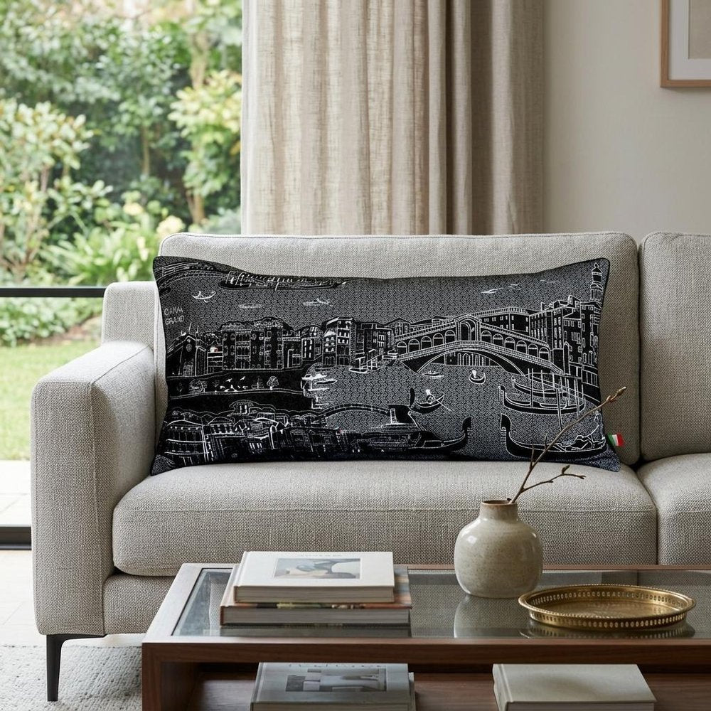 14" X 35" Dark Gray And White Venice Nighttime Skyline Lumbar Decorative Pillow HomeRoots