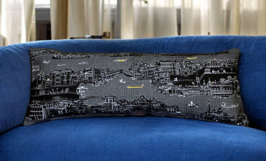 35" Black Venice Nighttime Skyline Lumbar Decorative Pillow FurniFindUSA