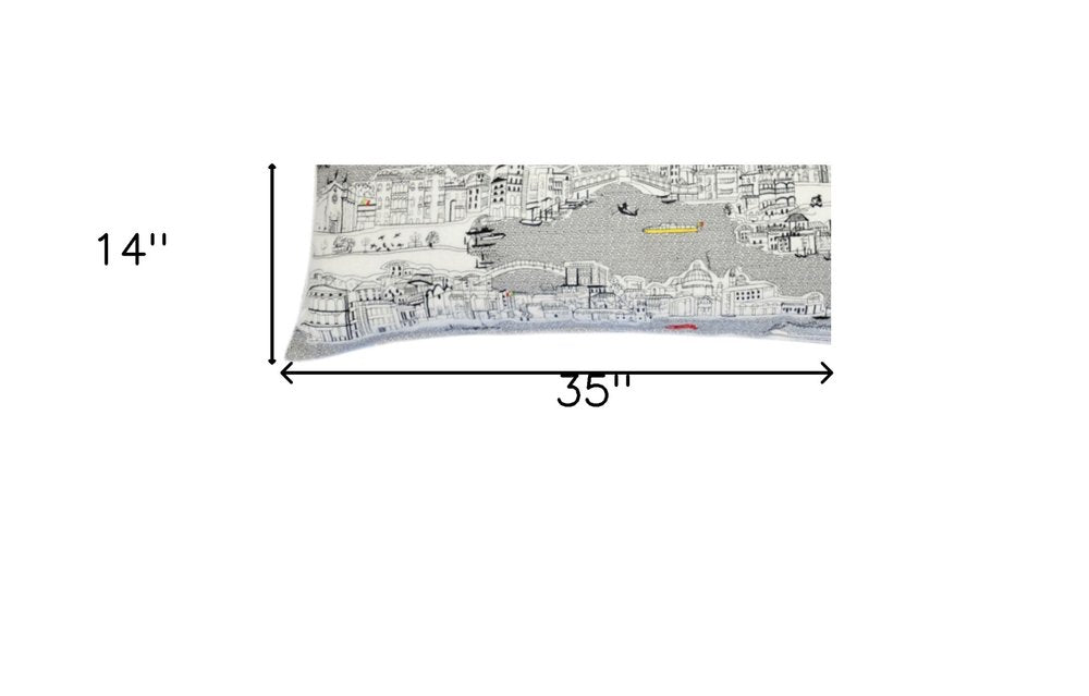 14" X 35" Dark Gray And White Venice Nighttime Skyline Lumbar Decorative Pillow HomeRoots