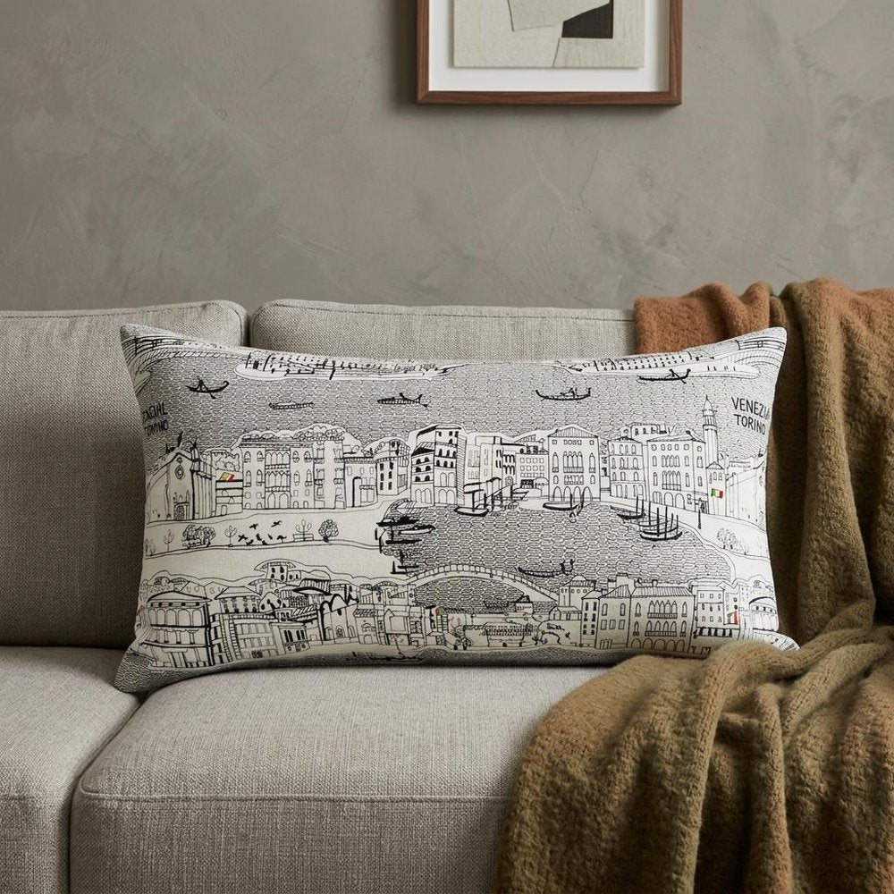 14" X 35" Dark Gray And White Venice Nighttime Skyline Lumbar Decorative Pillow HomeRoots