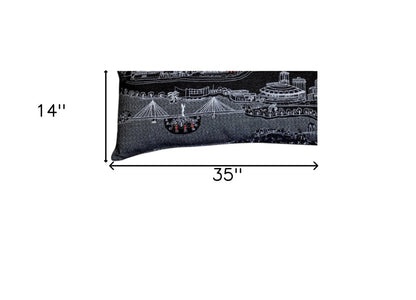 14" X 35" Dark Gray And White Wichita Nighttime Skyline Lumbar Decorative Pillow HomeRoots