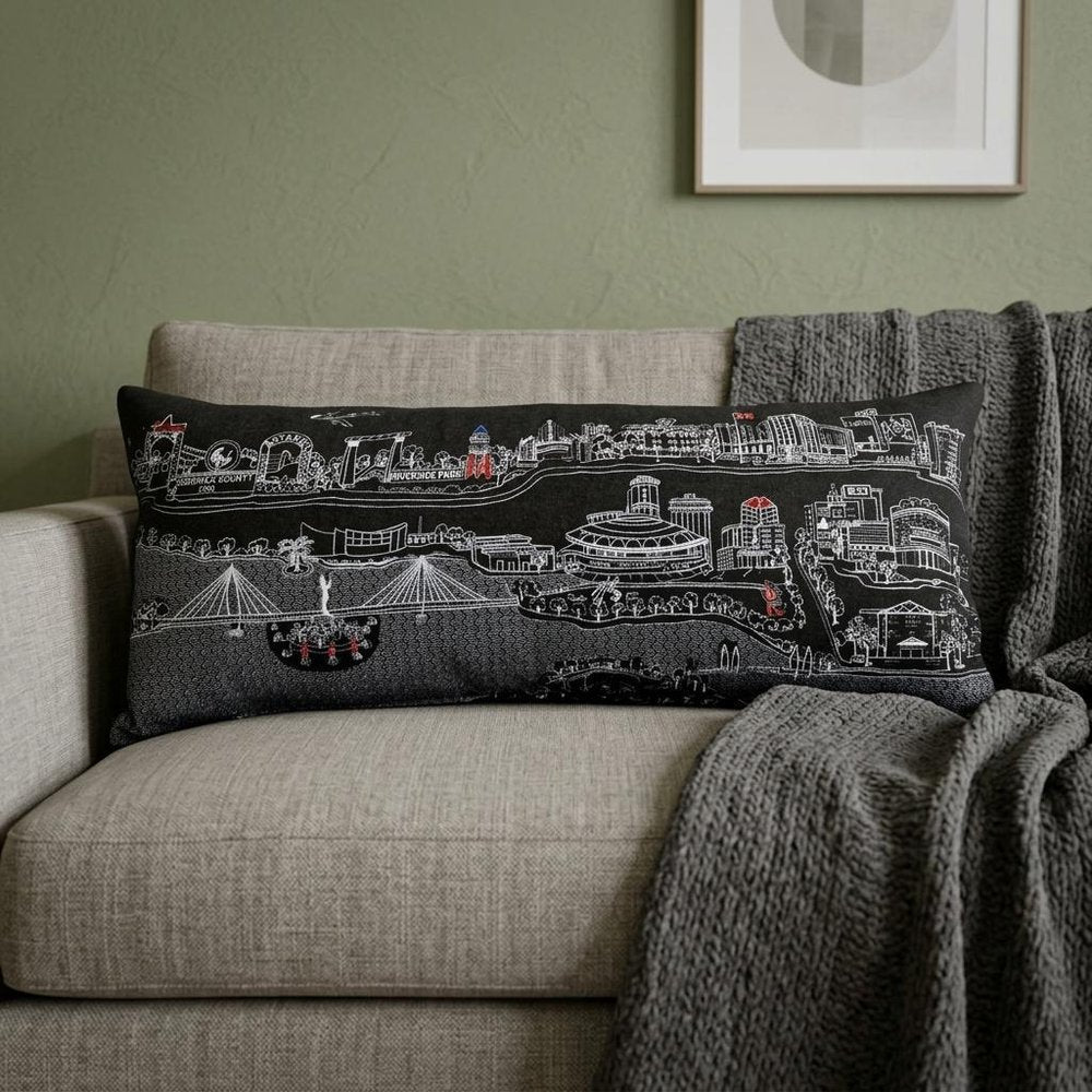 14" X 35" Dark Gray And White Wichita Nighttime Skyline Lumbar Decorative Pillow HomeRoots