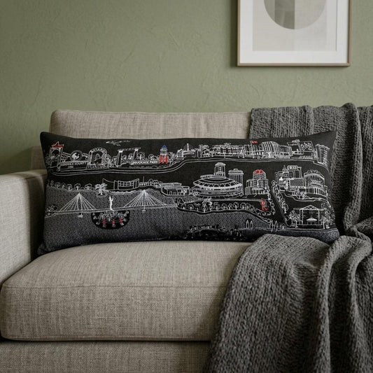 14" X 35" Dark Gray And White Wichita Nighttime Skyline Lumbar Decorative Pillow