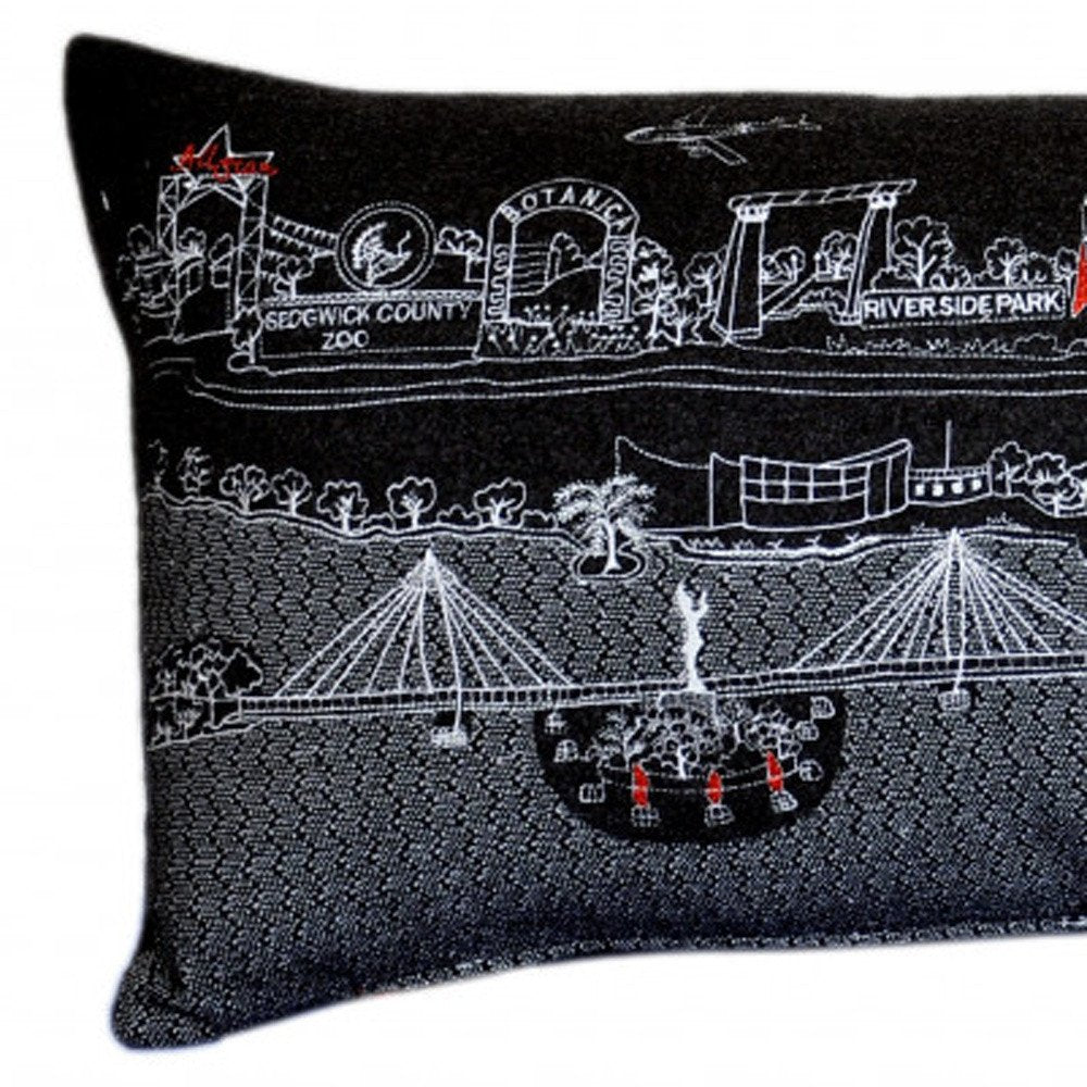 14" X 35" Dark Gray And White Wichita Nighttime Skyline Lumbar Decorative Pillow — view 3