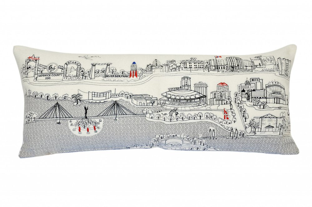 14" X 35" Dark Gray And White Wichita Nighttime Skyline Lumbar Decorative Pillow — view 6