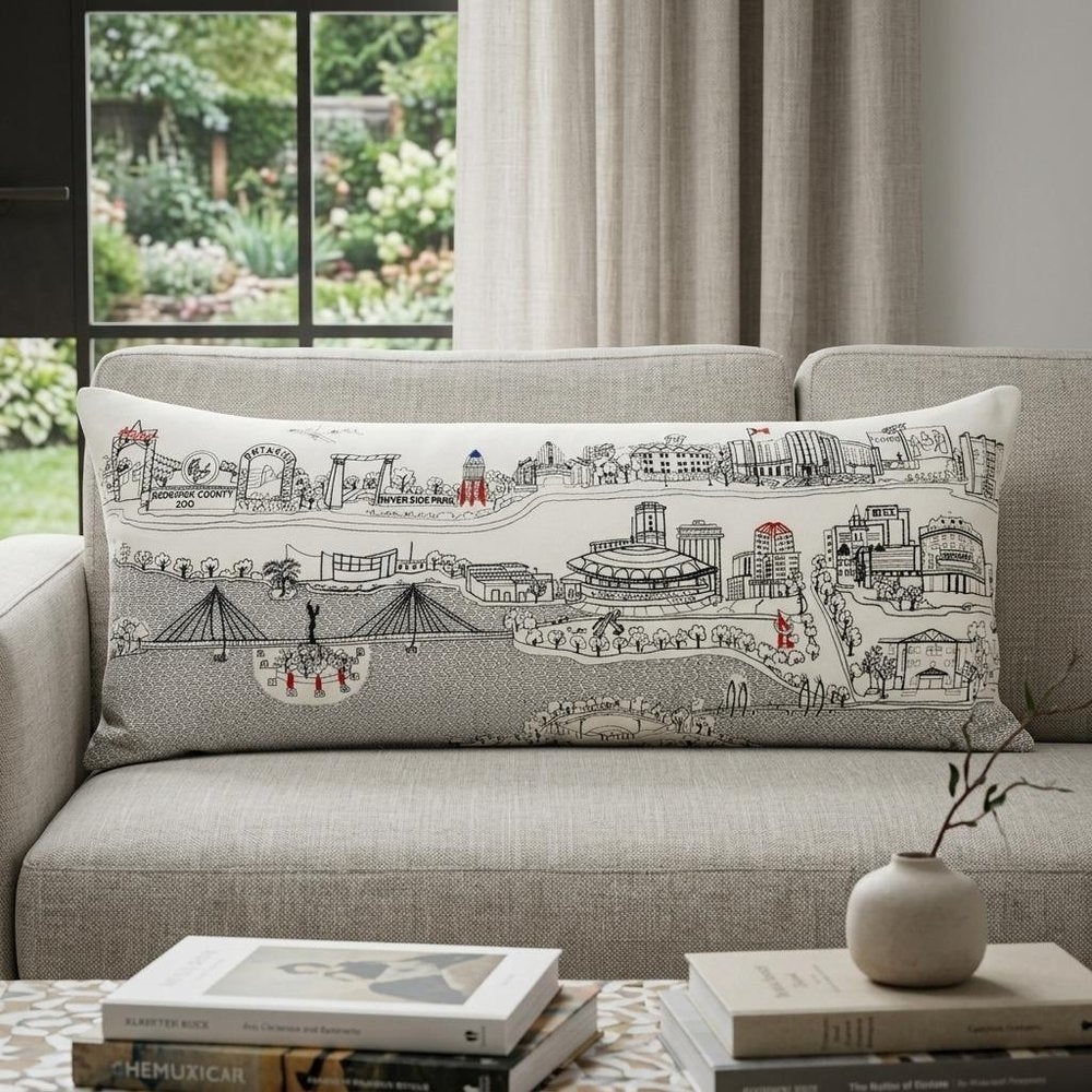 14" X 35" Dark Gray And White Wichita Nighttime Skyline Lumbar Decorative Pillow HomeRoots
