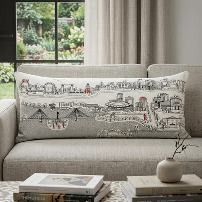 14" X 35" Dark Gray And White Wichita Nighttime Skyline Lumbar Decorative Pillow HomeRoots
