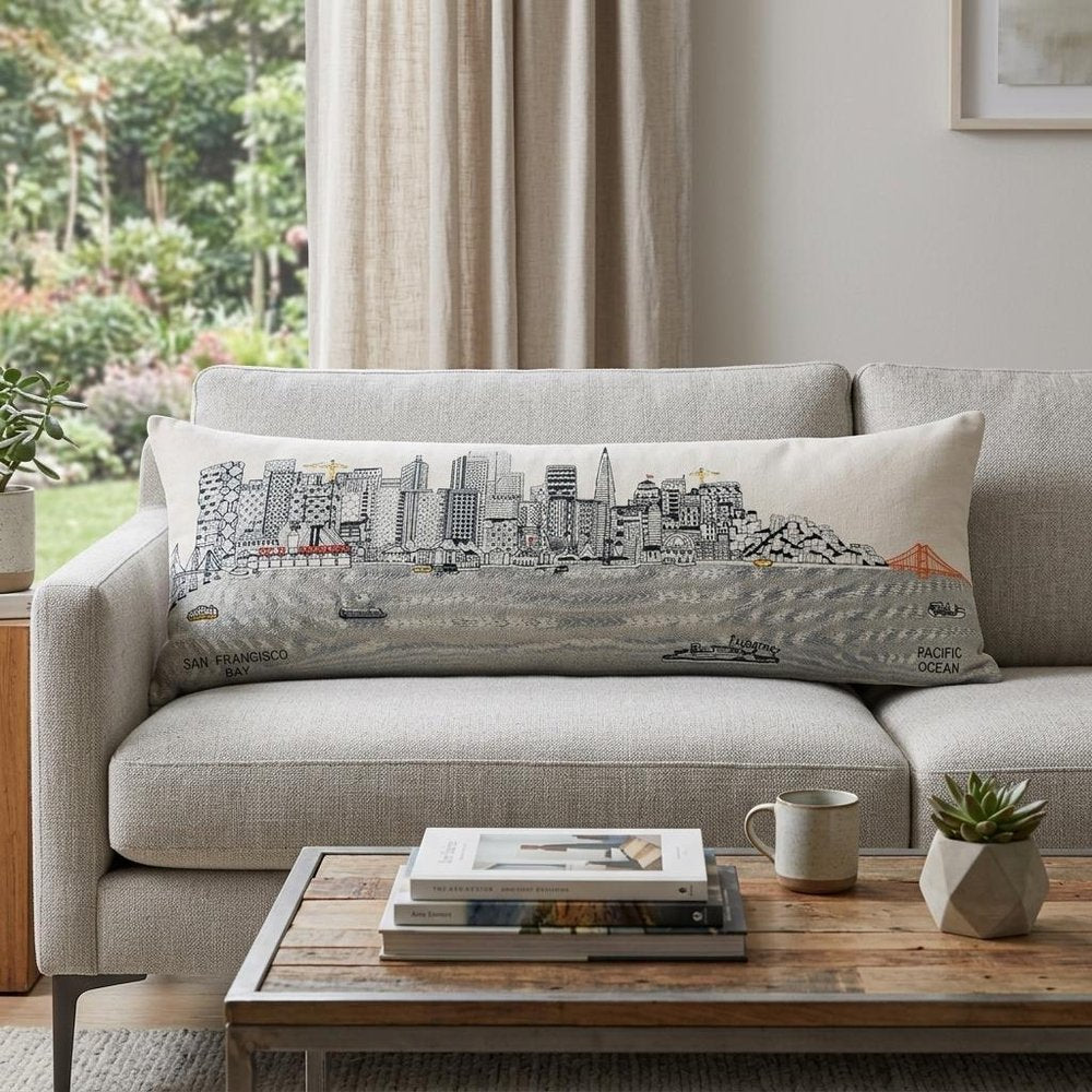 14" X 35" Dark Gray And White San Francisco Nighttime Skyline Lumbar Decorative Pillow HomeRoots