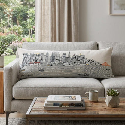 14" X 35" Dark Gray And White San Francisco Nighttime Skyline Lumbar Decorative Pillow HomeRoots