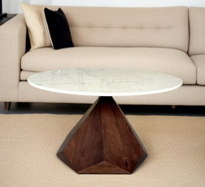 32" Brown And White Solid Wood and Marble Geo Coffee Table HomeRoots