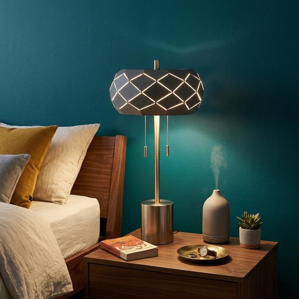 28" Silver Metal Table Lamp With Geometric Laser Cut Metal Shade HomeRoots