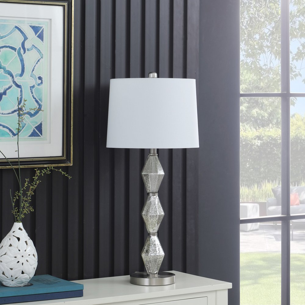 30" Brushed Silver Geo Glass Table Lamp With White Shade HomeRoots
