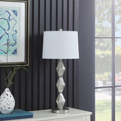 30" Brushed Silver Geo Glass Table Lamp With White Shade HomeRoots