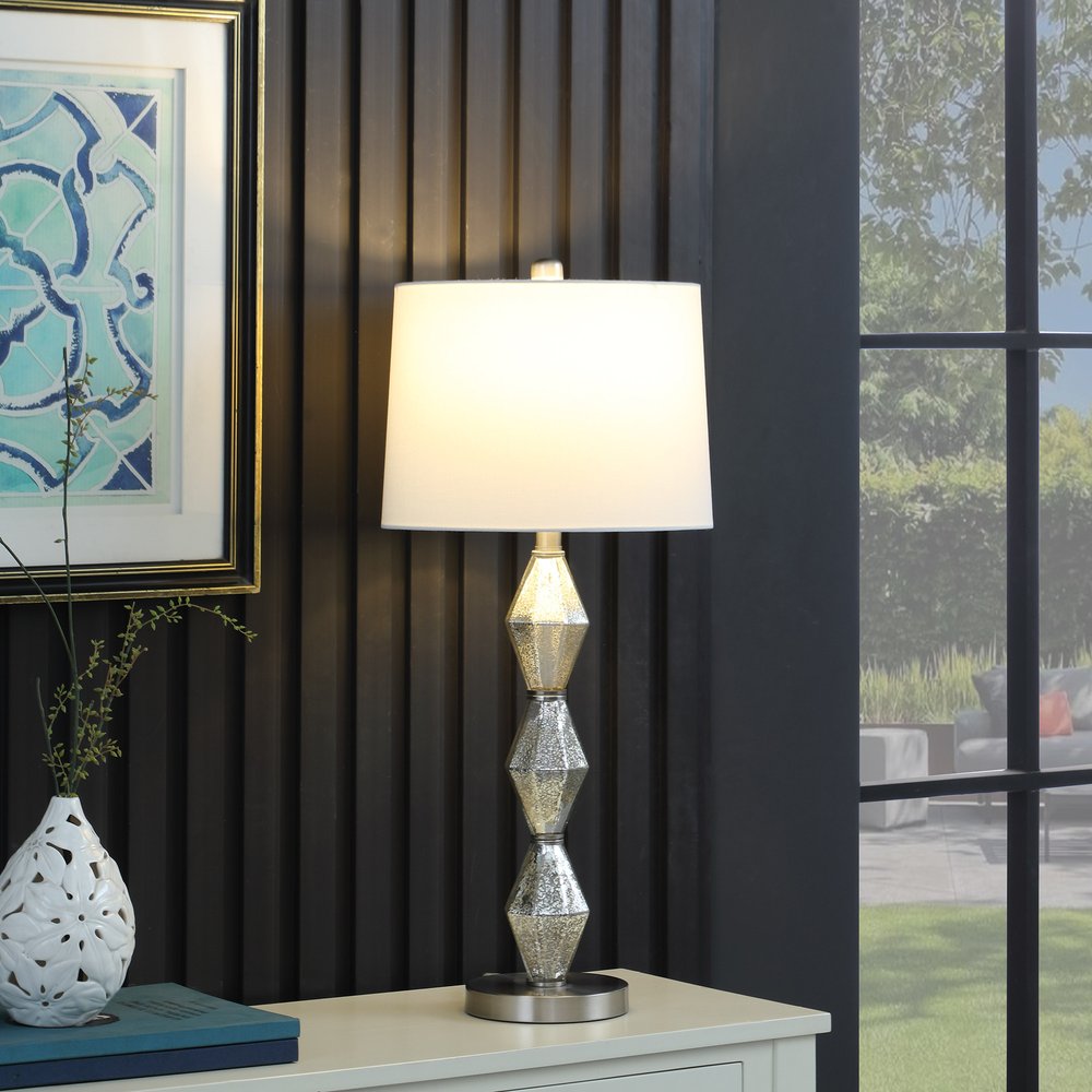 30" Brushed Silver Geo Glass Table Lamp With White Shade HomeRoots