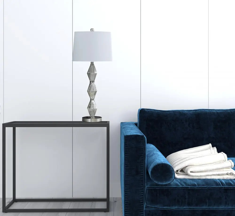 30" Brushed Silver Geo Glass Table Lamp With White Shade HomeRoots