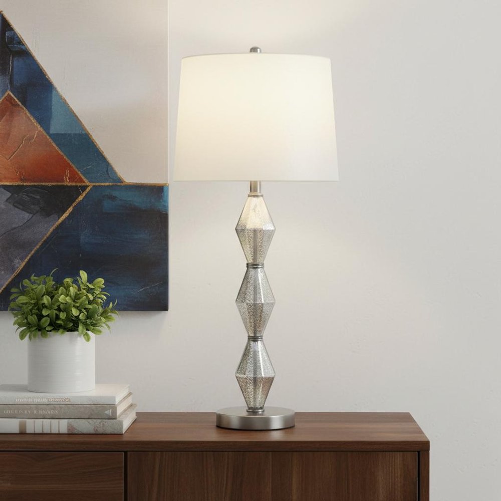 30" Brushed Silver Geo Glass Table Lamp With White Shade HomeRoots