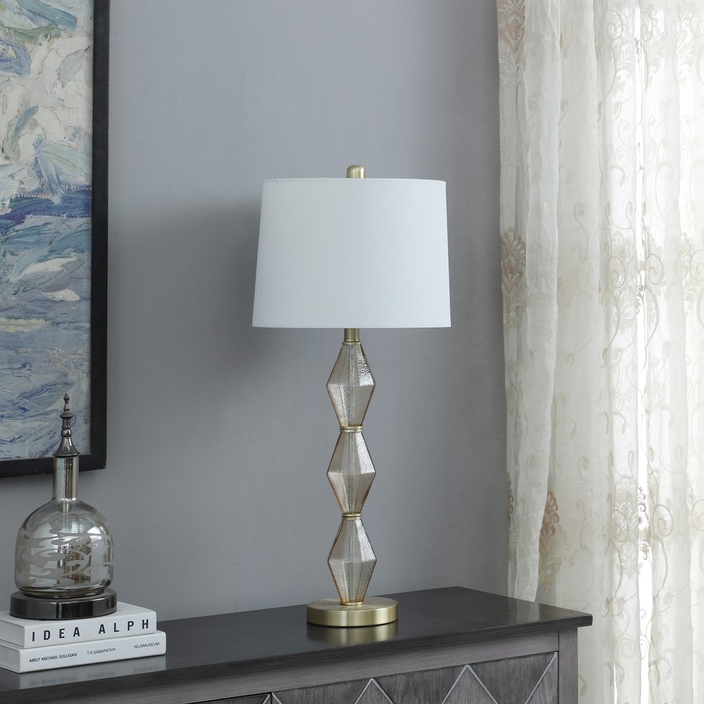 30" Brushed Gold Geo Glass Table Lamp With Shade HomeRoots