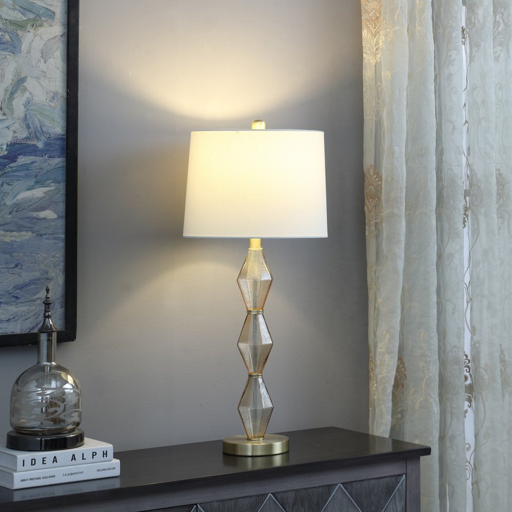 30" Brushed Gold Geo Glass Table Lamp With Shade HomeRoots