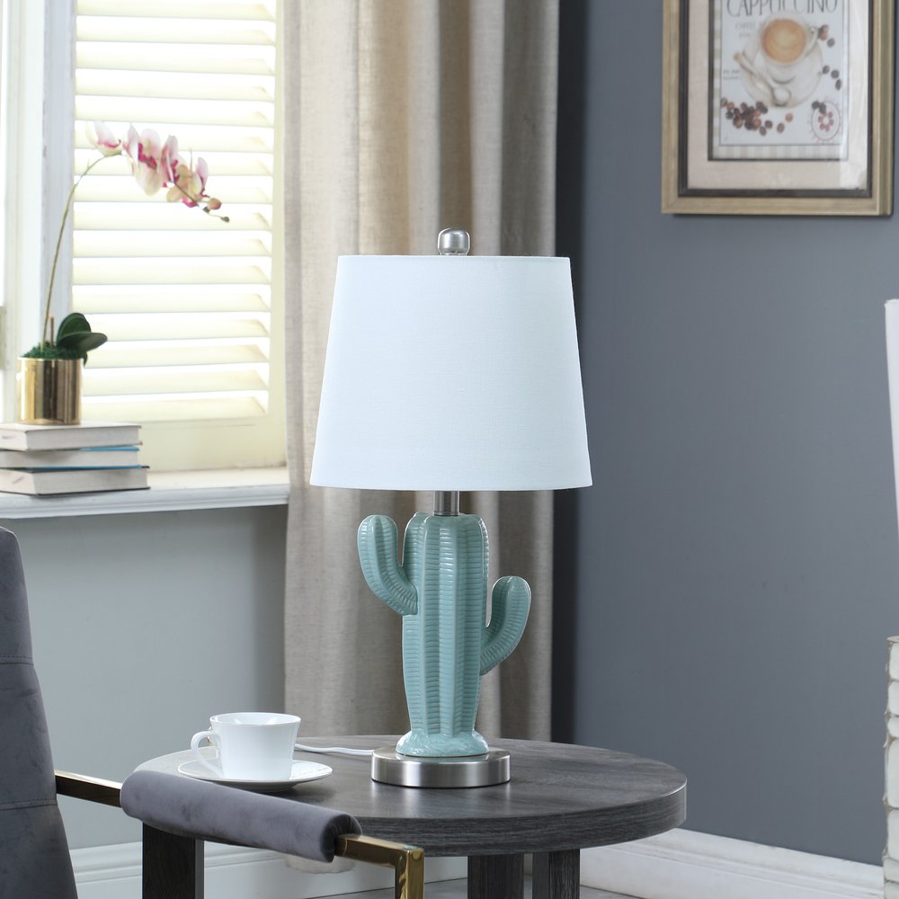 22" Pale Blue Green Ceramic Cactus Table Lamp With White Shade HomeRoots