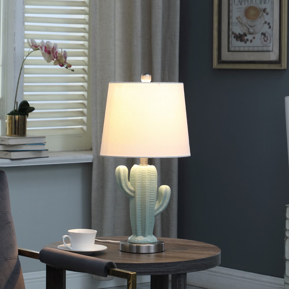 22" Pale Blue Green Ceramic Cactus Table Lamp With White Shade HomeRoots