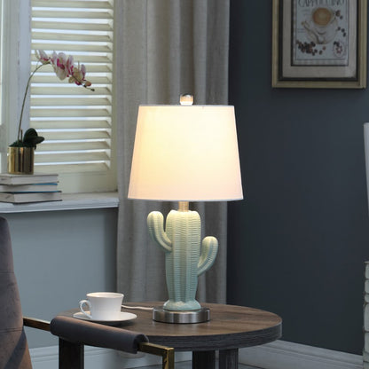 22" Pale Blue Green Ceramic Cactus Table Lamp With White Shade HomeRoots