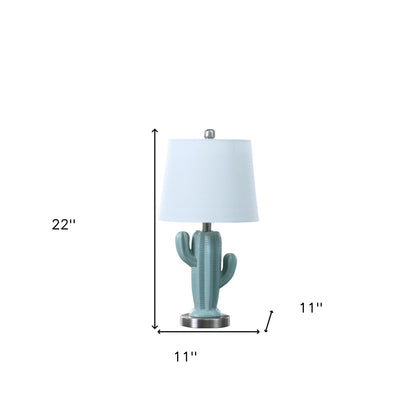 22" Pale Blue Green Ceramic Cactus Table Lamp With White Shade