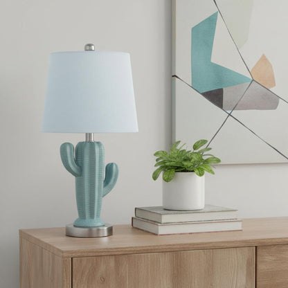 22" Pale Blue Green Ceramic Cactus Table Lamp With White Shade HomeRoots