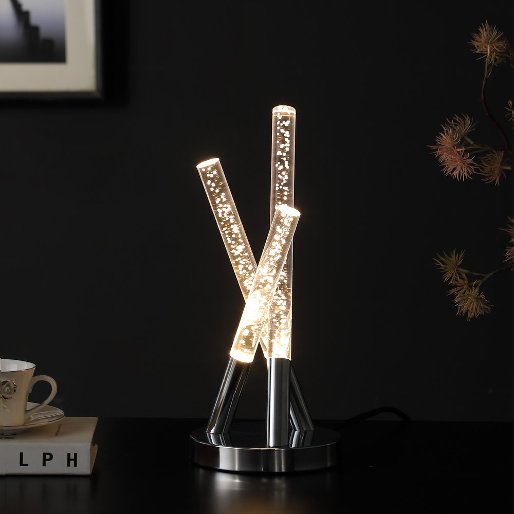 15" Silver Acrylic and Metal Three Rod Abstract  Table Lamp HomeRoots