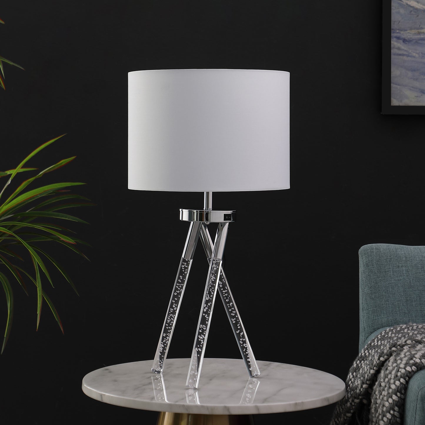 26" Silver and LED Acrylic Tripod Table Lamp With White Shade