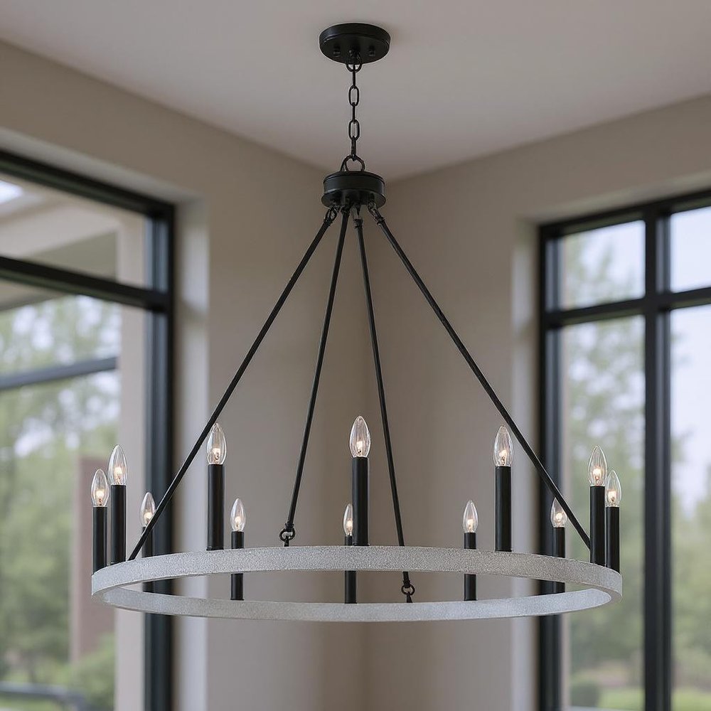 Black And White Candle Style Twelve Light Metal Dimmable Chandelier — view 7