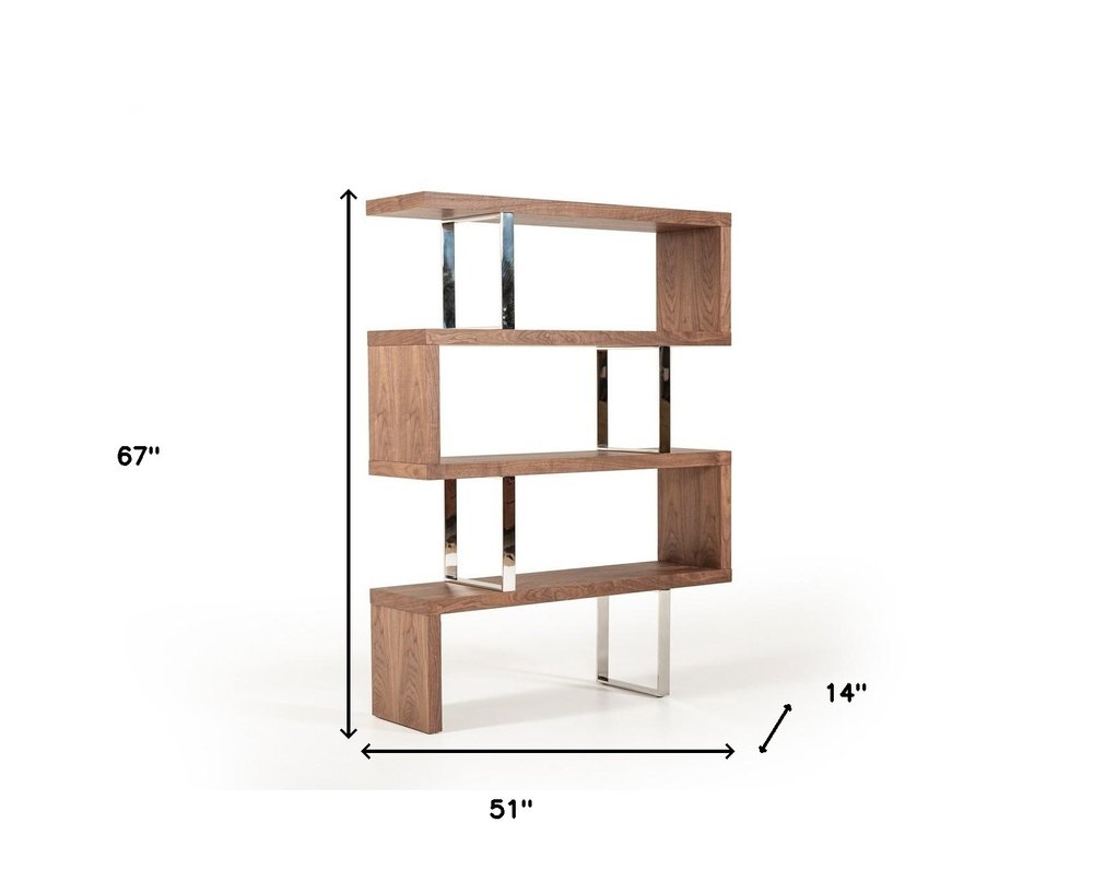 67" Walnut Manufactured Wood Four Tier Zig Zag Bookcase HomeRoots
