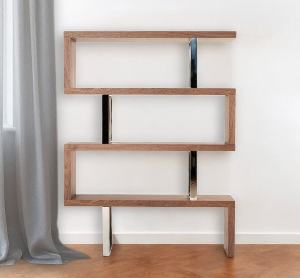 67" Walnut Manufactured Wood Four Tier Zig Zag Bookcase HomeRoots