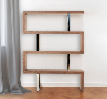67" Walnut Manufactured Wood Four Tier Zig Zag Bookcase HomeRoots