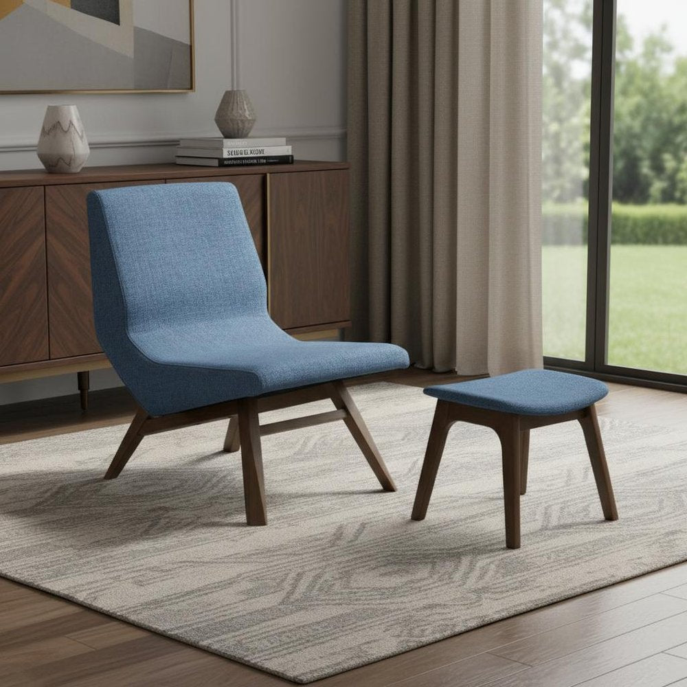 22" Blue And Brown Upholstered Lounge Chair With Ottoman HomeRoots